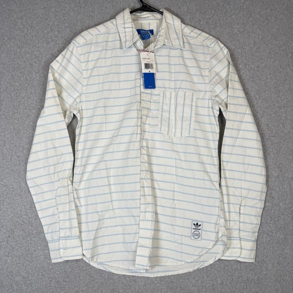 Adidas Women's Small Blue White Striped Casual Button Down Shirt Long Sleeve NEW